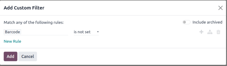 Pop-up-Fenster „Benutzerdefinierten Filter hinzufügen“ mit „Barcode ist nicht gesetzt“.