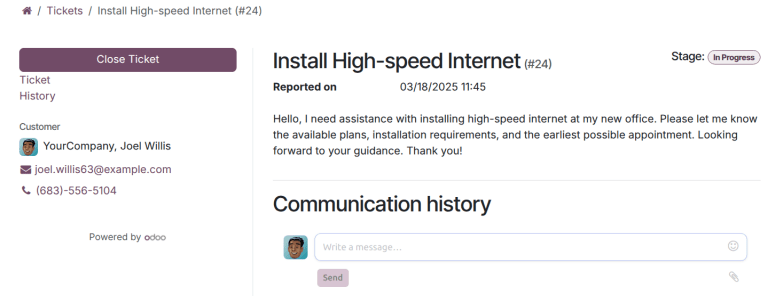 Kundenansicht der Ticketschließung in Odoo Kundendienst.