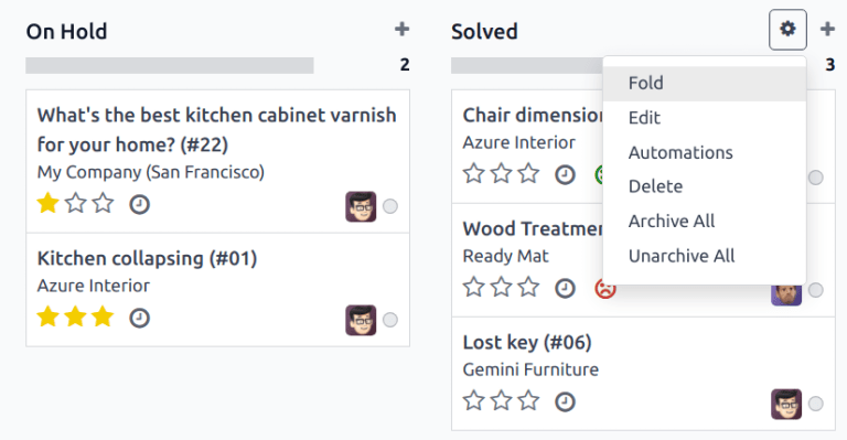 Ansicht der Phase in der Kundendienst-Pipeline mit Hervorhebung des Zahnradsymbols und der Option zum Bearbeiten der Phase.