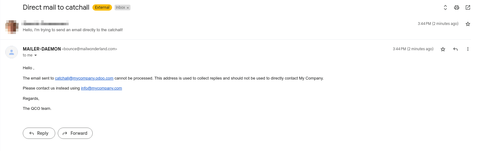 Unzustellbare E-Mail von „MAILER-DEAMON”, die erklärt, wie die Datenbank kontaktiert werden kann.