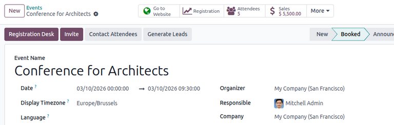 Ansicht des Formulars einer Veranstaltung und der intelligenten Schaltfläche „Verkäufe“ in Odoo Veranstaltungen.