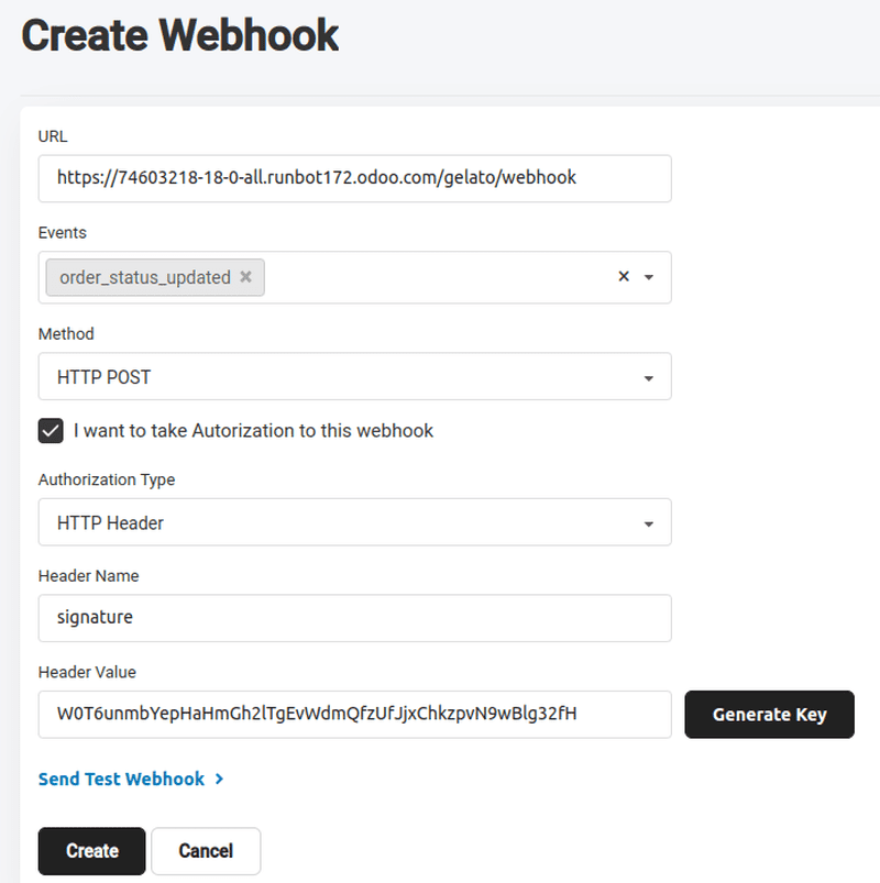 Neu konfiguriertes Webhook auf der Gelato-Plattform