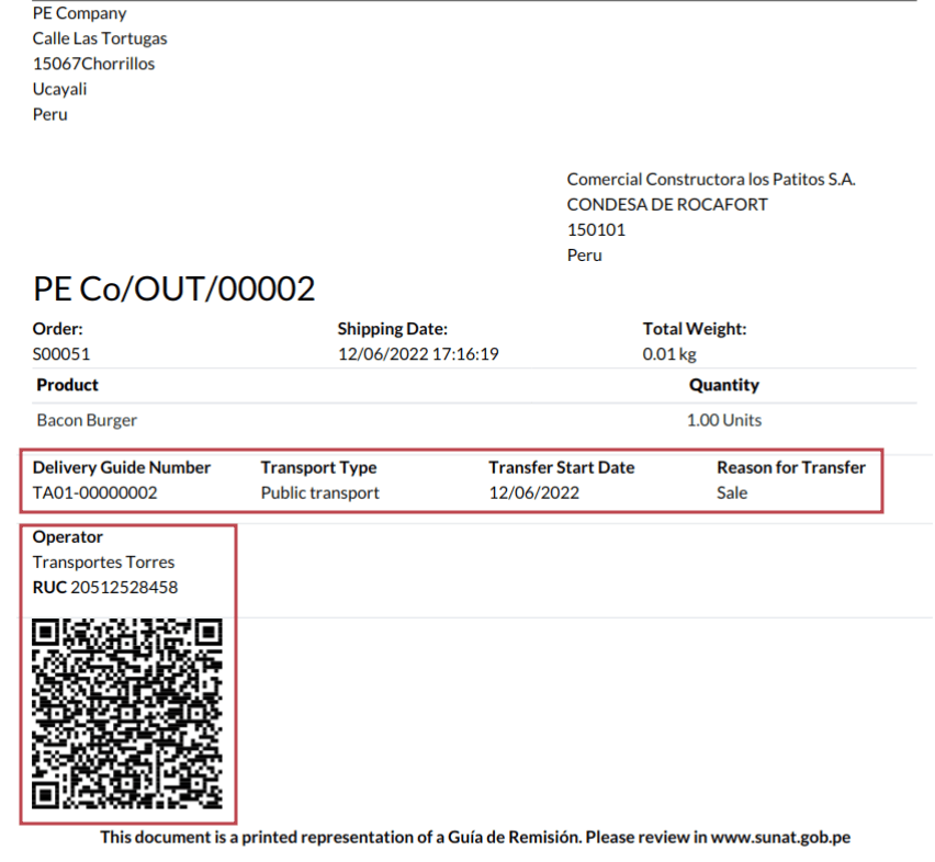 Transferdetails und QR-Code auf generiertem Lieferschein.