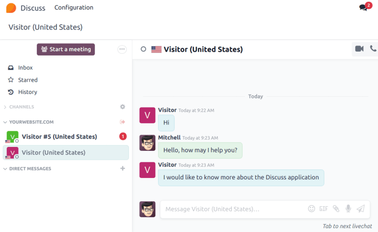 Ansicht der Dialog-App mit einer über den Livechat in Odoo gesendeten Nachricht
