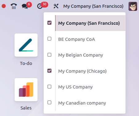 Ansicht des Unternehmensmenüs über das Hauptdashboard in Odoo.