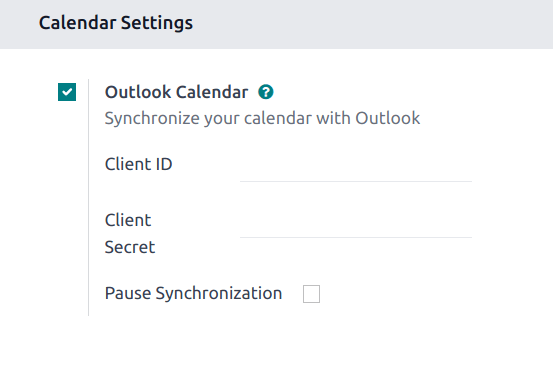 Die Einstellung „Outlook-Kalender“ aktiviert in Odoo.
