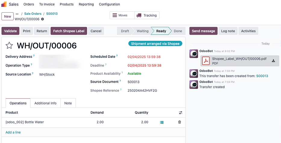 Lagerbewegung für Shopee-Bestellung in Odoo erstellt.