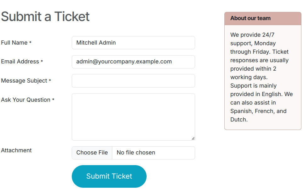 Ansicht des Website-Formulars eines Kundendienstteams, das die Teambeschreibung anzeigt.