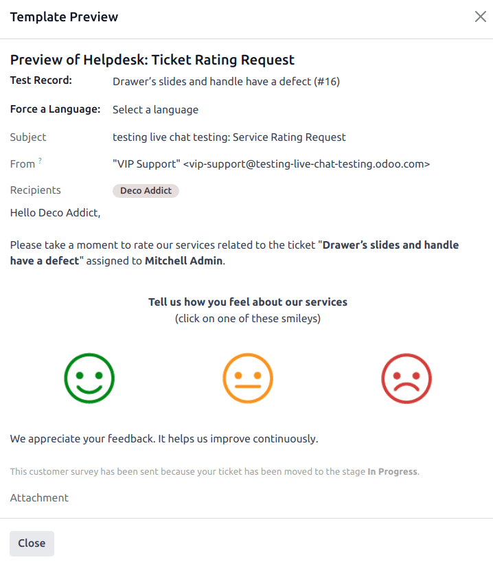 Eine Vorschau der Vorlage für die Ticketbewertungsanfrage im Kundendienst.
