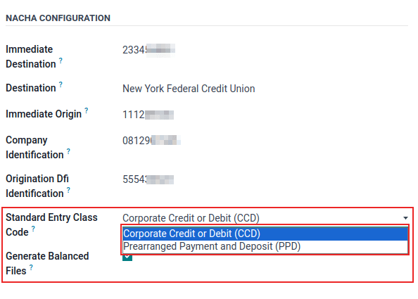 NACHA-Einstellungen mit hervorgehobenem Dropdown-Menü für den Standard-Entry-Class-Code.