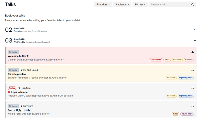 The Talks page on an event website built through the Odoo Events application.