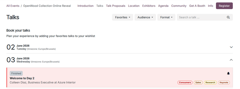 The track-related event submenu options on an event website built with Odoo Events.
