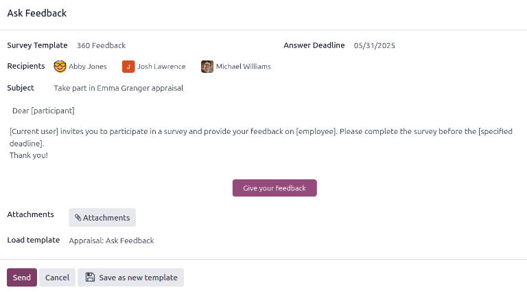 La ventana emergente de correo electrónico en donde se solicitan los comentarios de otros empleados.