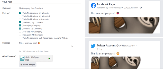 Imágenes de ejemplo de publicaciones con las imágenes agregadas en la aplicación Marketing social de Odoo.