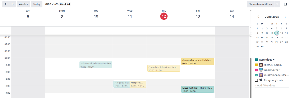 Vista de calendario donde se muestra cómo cambiar las reuniones mostradas.