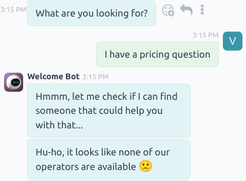 Vista de mensajes de seguimiento de un bot de chat cuando ningún operador de chat en vivo está disponible.
