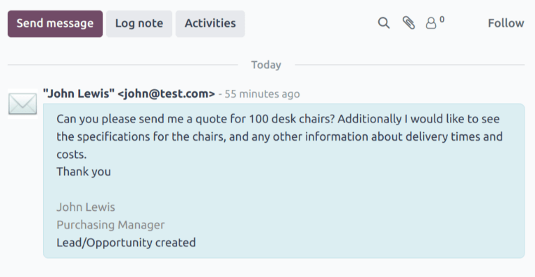 El hilo de chatter de un lead recién creado en la aplicación CRM.