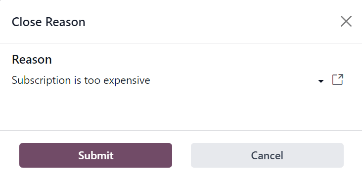 La ventana emergente de motivo de cancelación cuando se hace clic al botón Cerrar en suscripciones de Odoo.