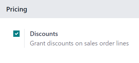 Activación de la opción de descuento en la aplicación Ventas de Odoo.