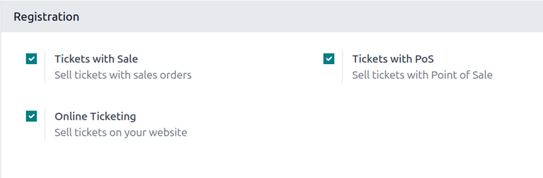 Vista de la página de configuración de la aplicación Eventos de Odoo.
