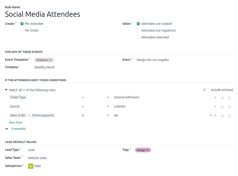 Example lead generation form in Odoo Events.