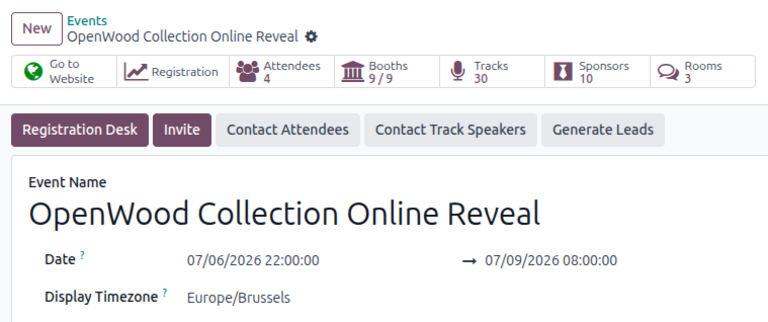 Generate Leads button on an event form in Odoo Events.