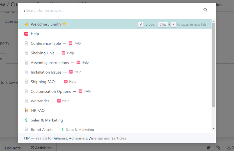 Vista de la ventana de búsqueda en Información desde un ticket de soporte al cliente. 