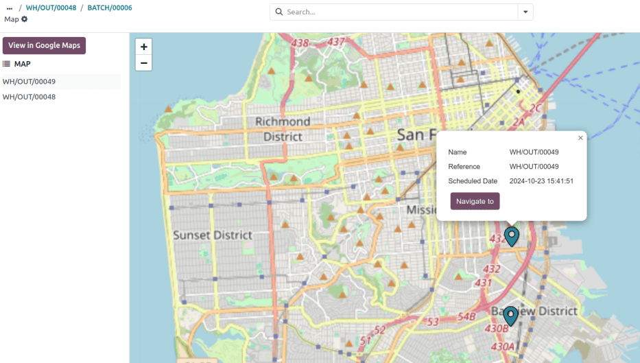 Muestra el mapa en Odoo, con información de los pedidos de entrega.