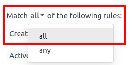 La declaración en la parte superior de la lista de filtros con el menú desplegable abierto.