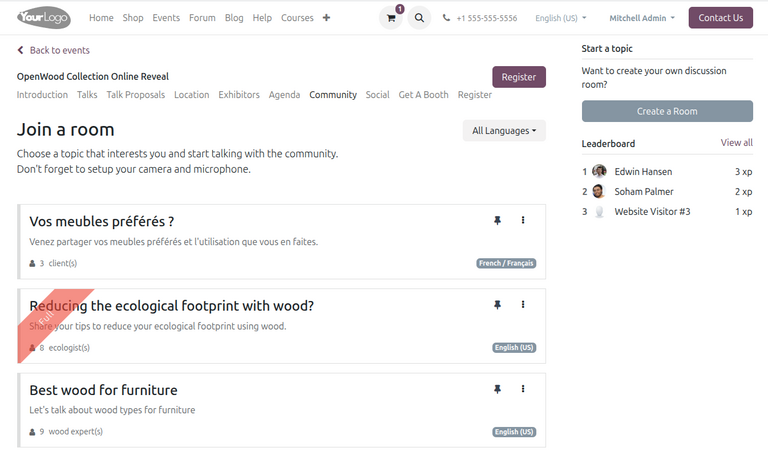 Página de salas de reuniones en la página web del evento en Odoo Eventos.