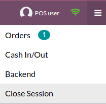 Menú desplegable para cerrar una sesión del PdV, acceder al backend, añadir o retirar efectivo o consultar pedidos