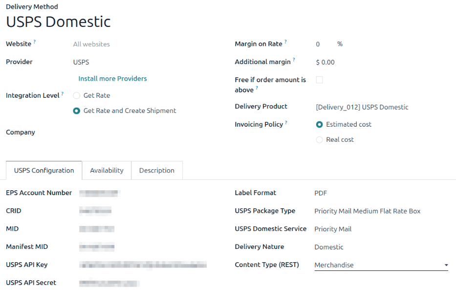 El método de entrega USPS Domestic, completamente configurado.