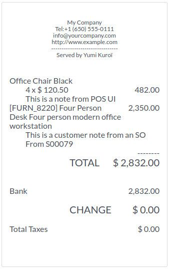 Recibo para el cliente con notas del pedido de venta y de la función de notas de clientes.