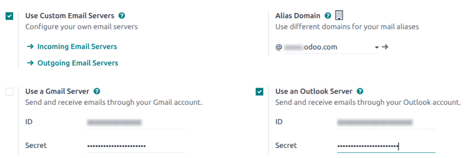 Credenciales de Outlook en los ajustes generales de Odoo.