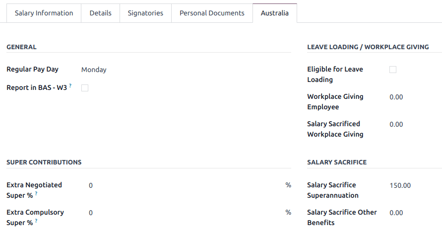Pestaña Australia de un contrato.