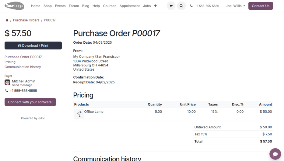 Vista del portal del pedido de compra, con el botón "¡Conecta tu software!".