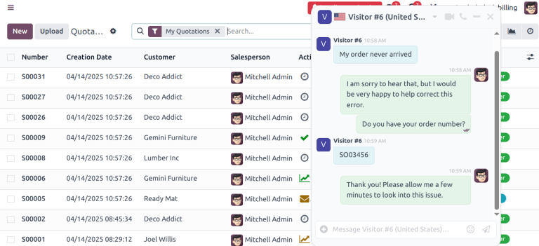 Una ventana emergente de chat en directo en una base de datos de Odoo.