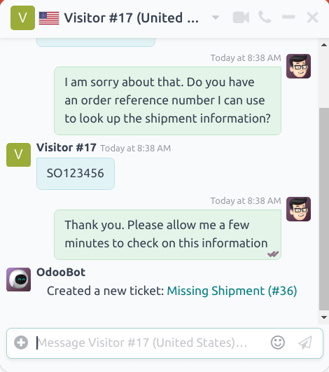 Vista de la ventana de chat con un ticket de soporte al cliente creado mediante la aplicación Chat en vivo de Odoo.