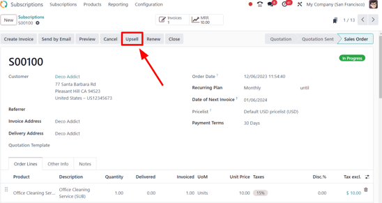 El botón "Venta adicional" en la orden de venta de la suscripción en la aplicación Suscripciones de Odoo.