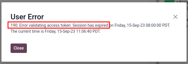 Mensaje de error mostrado en Odoo cuando el token temporal expira.