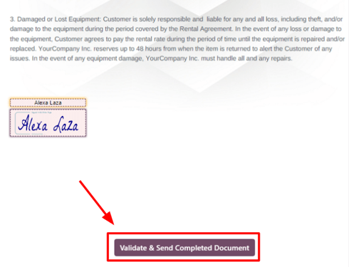 El botón “Validar y enviar el documento completado” en la aplicación Alquiler de Odoo.
