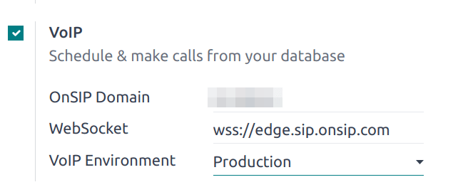 Configuración de VoIP en la aplicación Ajustes de Odoo.