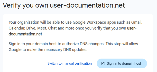 Cambio a verificación manual de dominio en Google Workspace