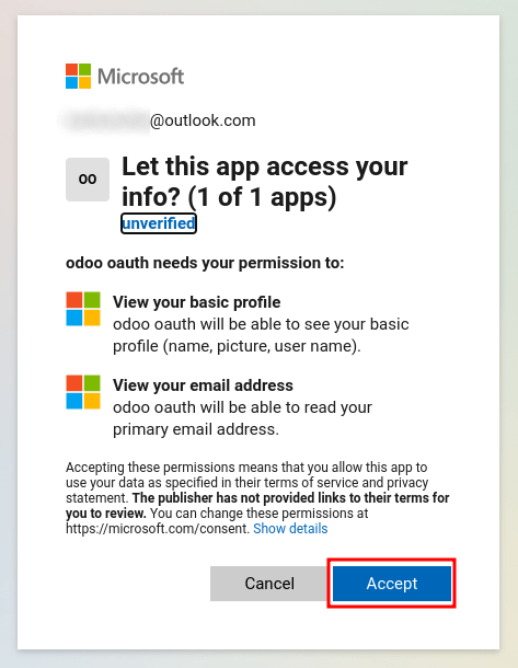 अपनी अकाउंट जानकारी तक एक्सेस की अनुमति के लिए Microsoft शर्तों को स्वीकार करें।