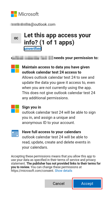 Microsoft Outlook OAuth पेज पर प्रमाणीकरण प्रक्रिया।