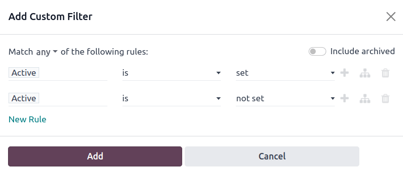 Add Custom Filter मेनू जो दो नियम दिखा रहा है: (1) Active is set, और (2) Active is not set।