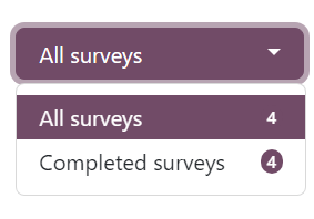 Odoo Surveys ऐप्लिकेशन के 'See results' पेज पर 'All surveys' ड्रॉप-डाउन मेन्यू खोला गया है।
