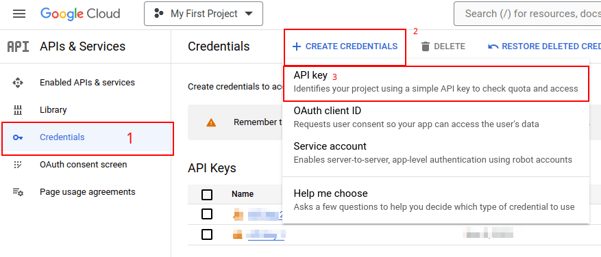 Google API console में एक API key बनाएं।