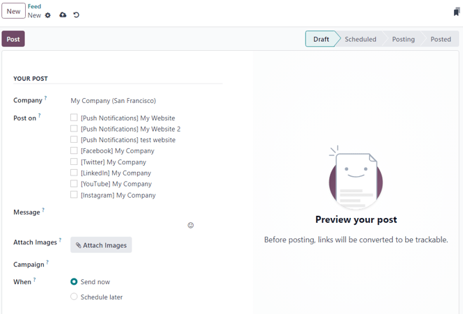 Odoo सोशल मार्केटिंग में खाली सोशल मीडिया पोस्ट विवरण पेज।