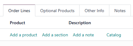 सेल्स कोटेशन की "Order Lines" टैब पर "Catalog" बटन।
